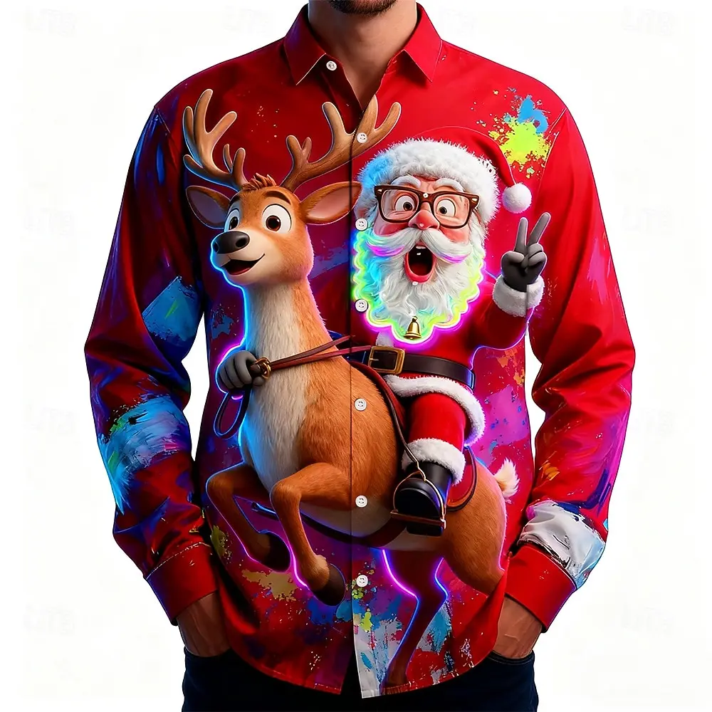 

Men's 3D Graphic Long Sleeve,Street Style Fashion, Santa Claus Reindeer funny christmas Print Design,2025 Autumn Casual Shirt