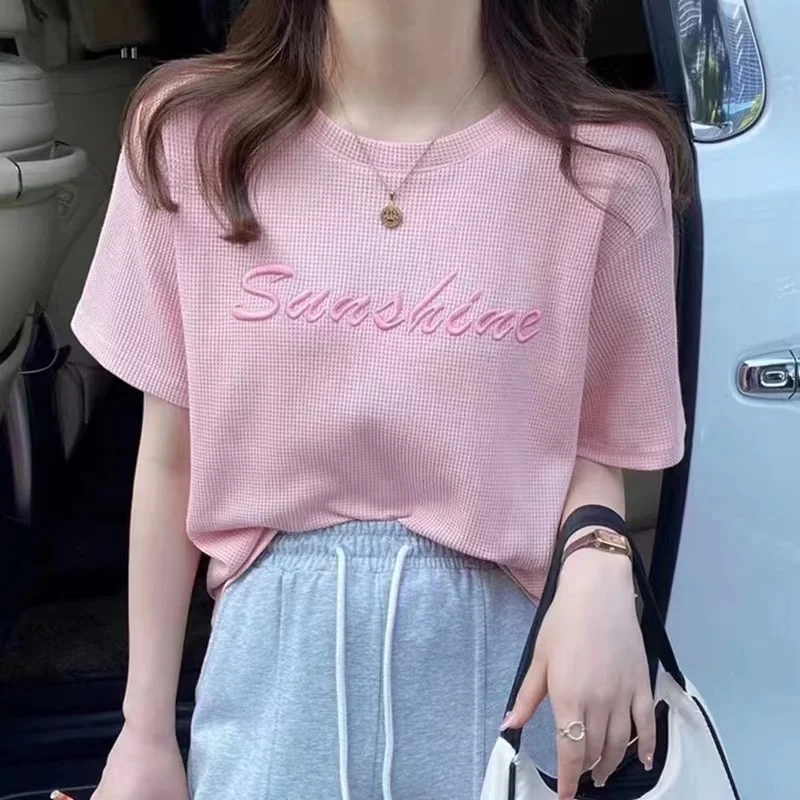 

Boring Honey Summer Letters Short-Sleeved Sweet Tops Female French Fashion Beautiful T-Shirt O-Neck All-Match Knitted Top Women