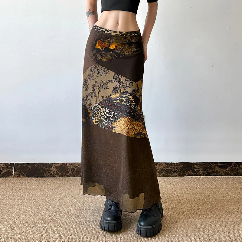 

Women's Retro Print Skirt Contrast Color Mesh Patchwork Low Waist Straight Long Skirt New