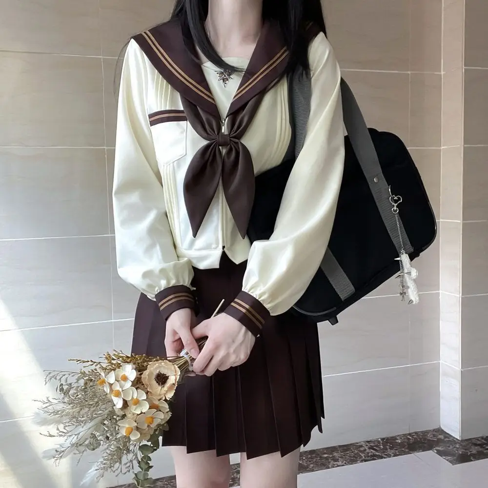 Conjunto de uniforme escolar para mulheres, roupa coreana, saia marrom, uniforme japonês Jk, terno de marinheiro de estudante, seifuku