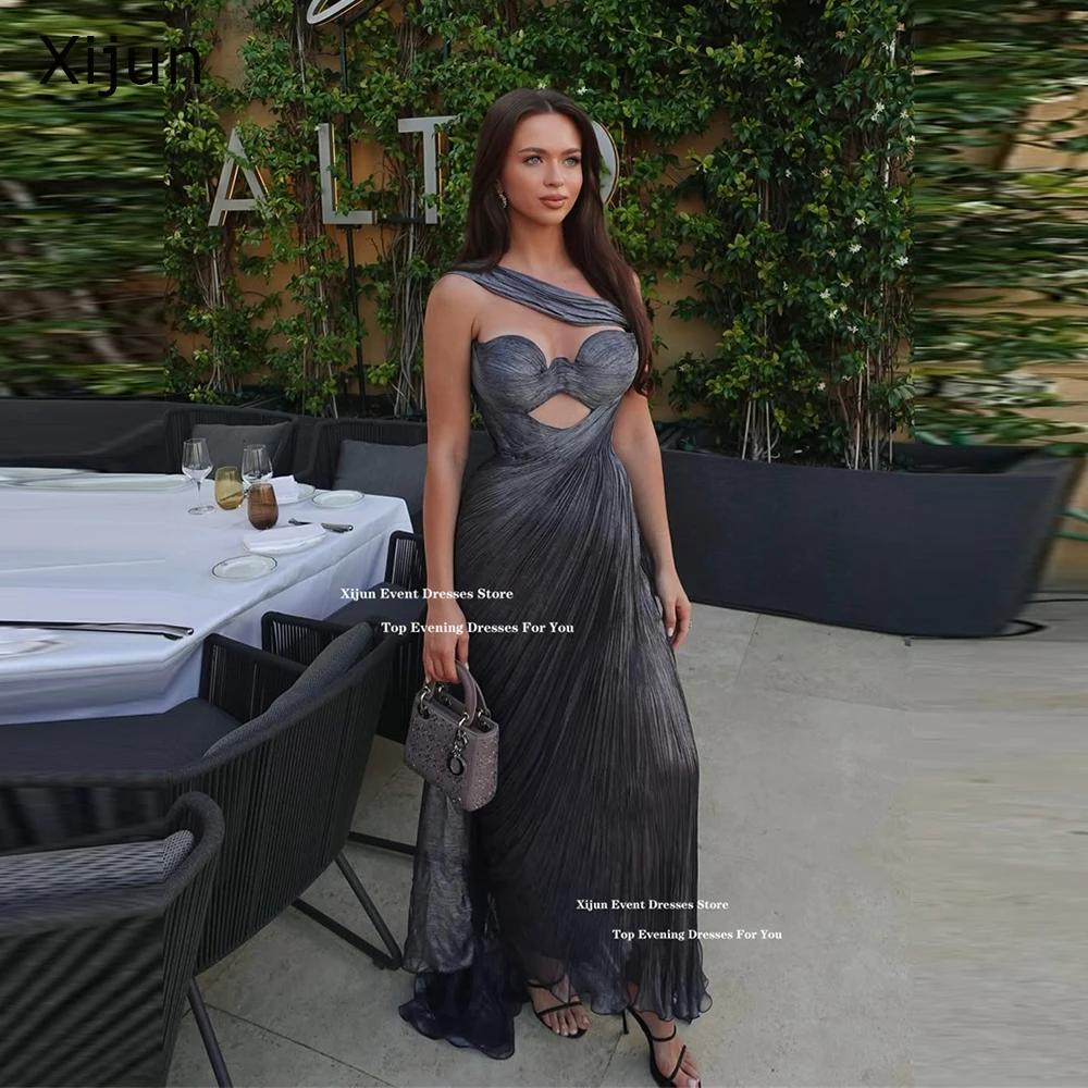 

Xijun Modern Gray Long Evening Dresses One Shoulder Saudi Arabric Split Formal Prom Dresses Silk Satin Sweetheart Prom Gowns