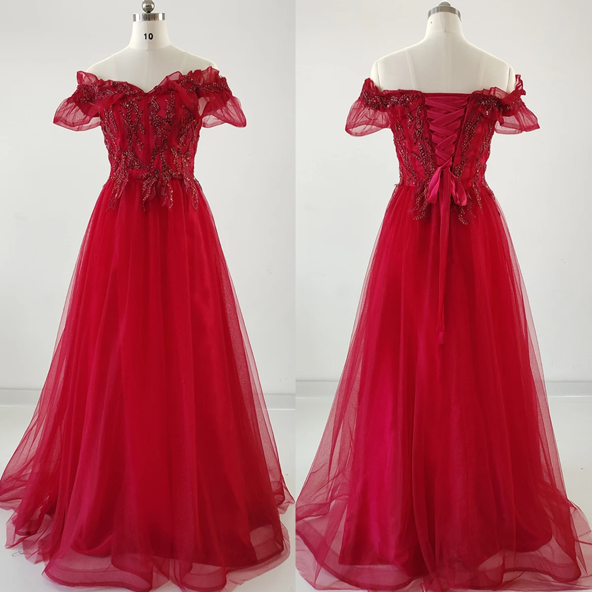 

Real Photo Evening Dresses Burgundy Bling Tulle Pleat Off the Shoulder Floor-Length Lace Up A-Line Party Formal Gowns Plus size