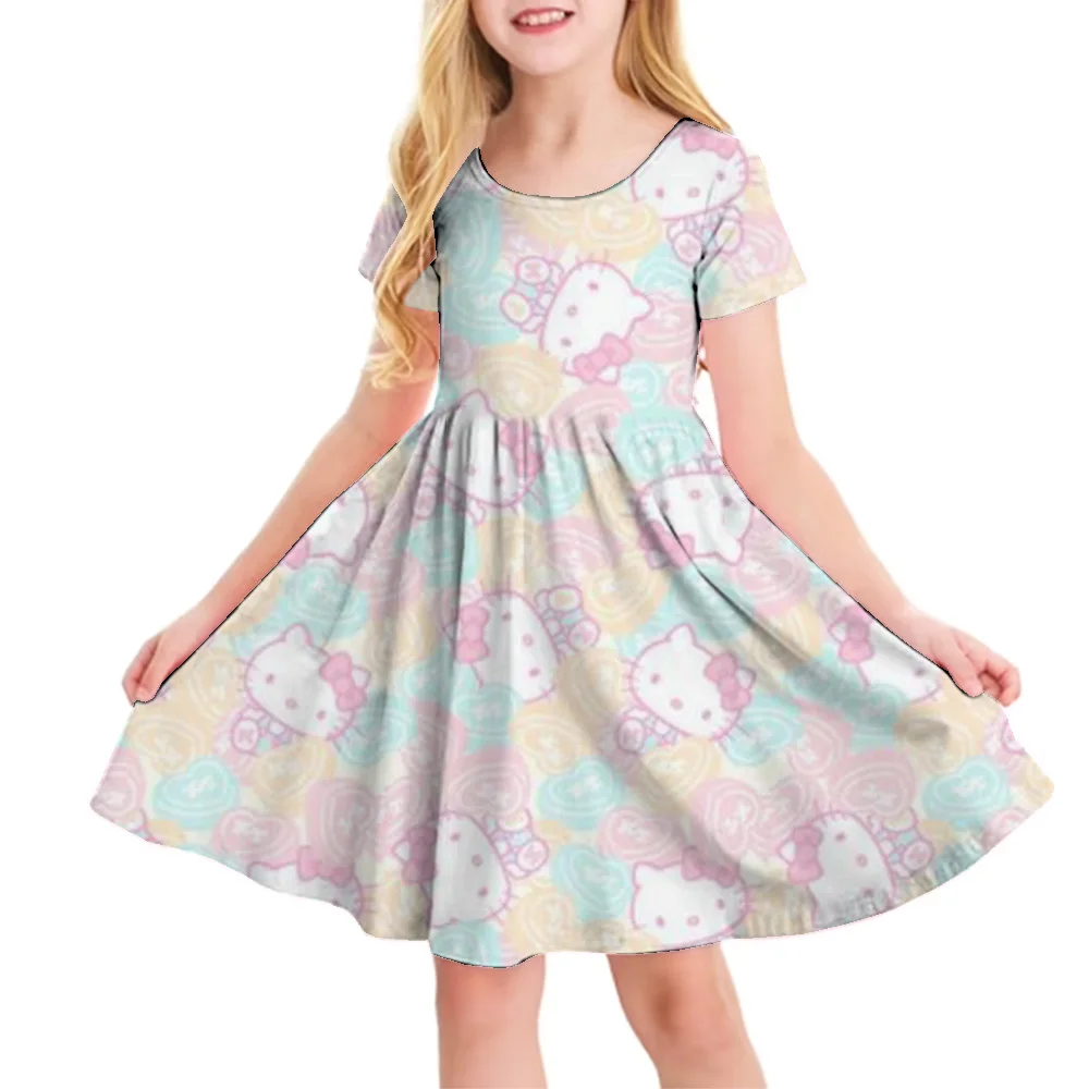 3D Printed Sanrio Hello Kitty Fashion Cartoon Pattern Cute Short Sleeved Dress Cosplay Youth Girl Clothes Kuromi Clothes Sweet