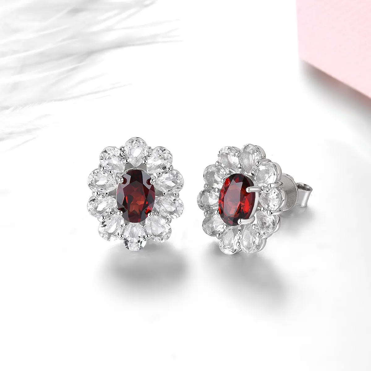 

Natural Red Garnet White Topaz Solid Sterling Silver Stud Earring 5.7 Carats Gemstone Flower Design S925 Women Birthday Gifts