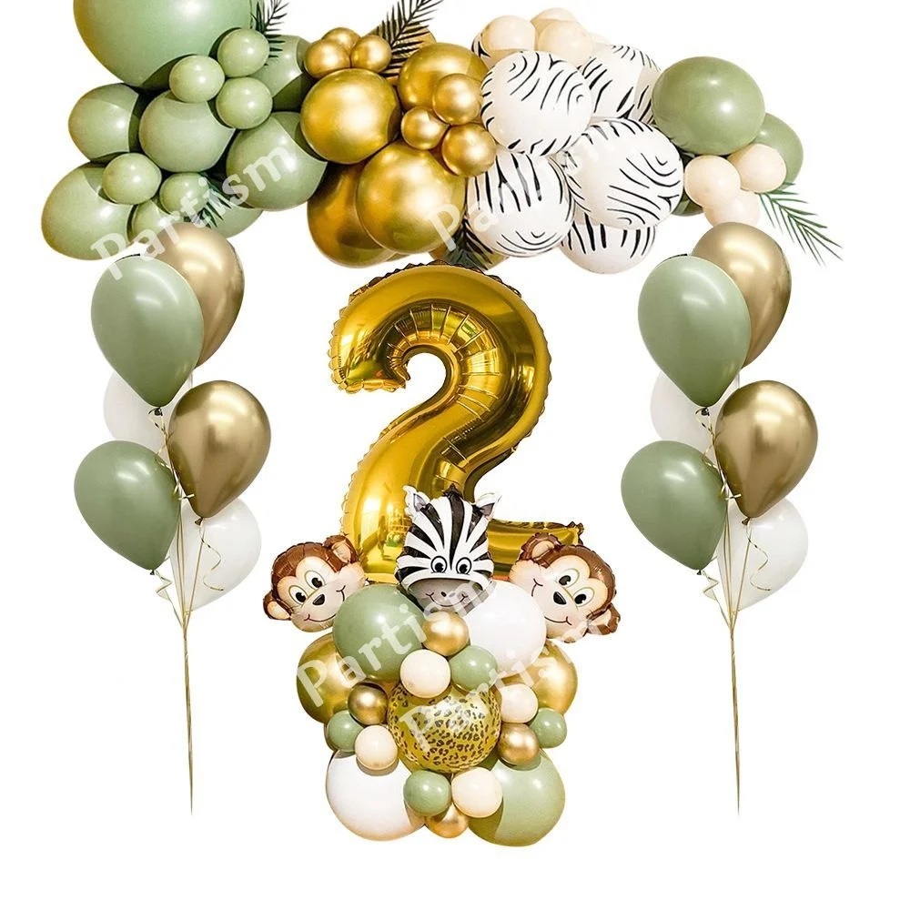 33pcs Avocado Green Balloon Kit With Wild Animal Balloons Set For Kids Happy Birthday Wild Jungle Safari Party Decorations