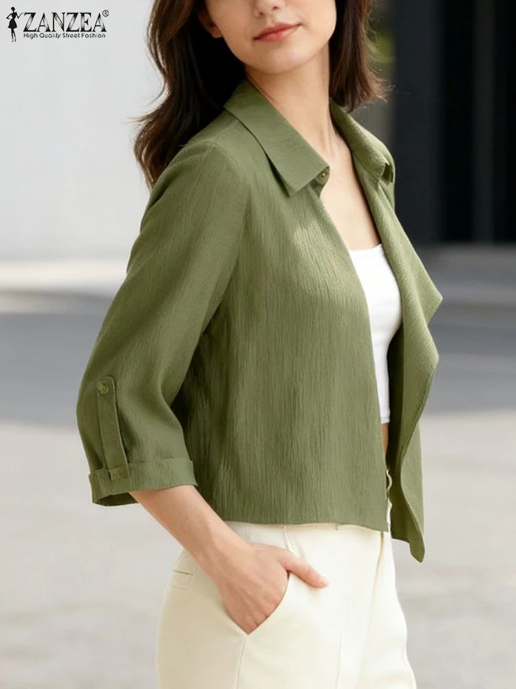 

Женские куртки ZANZEA, модные плащи, осень 2024, однотонные однотонные пальто с рукавами 3/4, с открытой строчкой и лацканами, повседневная уличная одежда, свободные верхние пальто OL