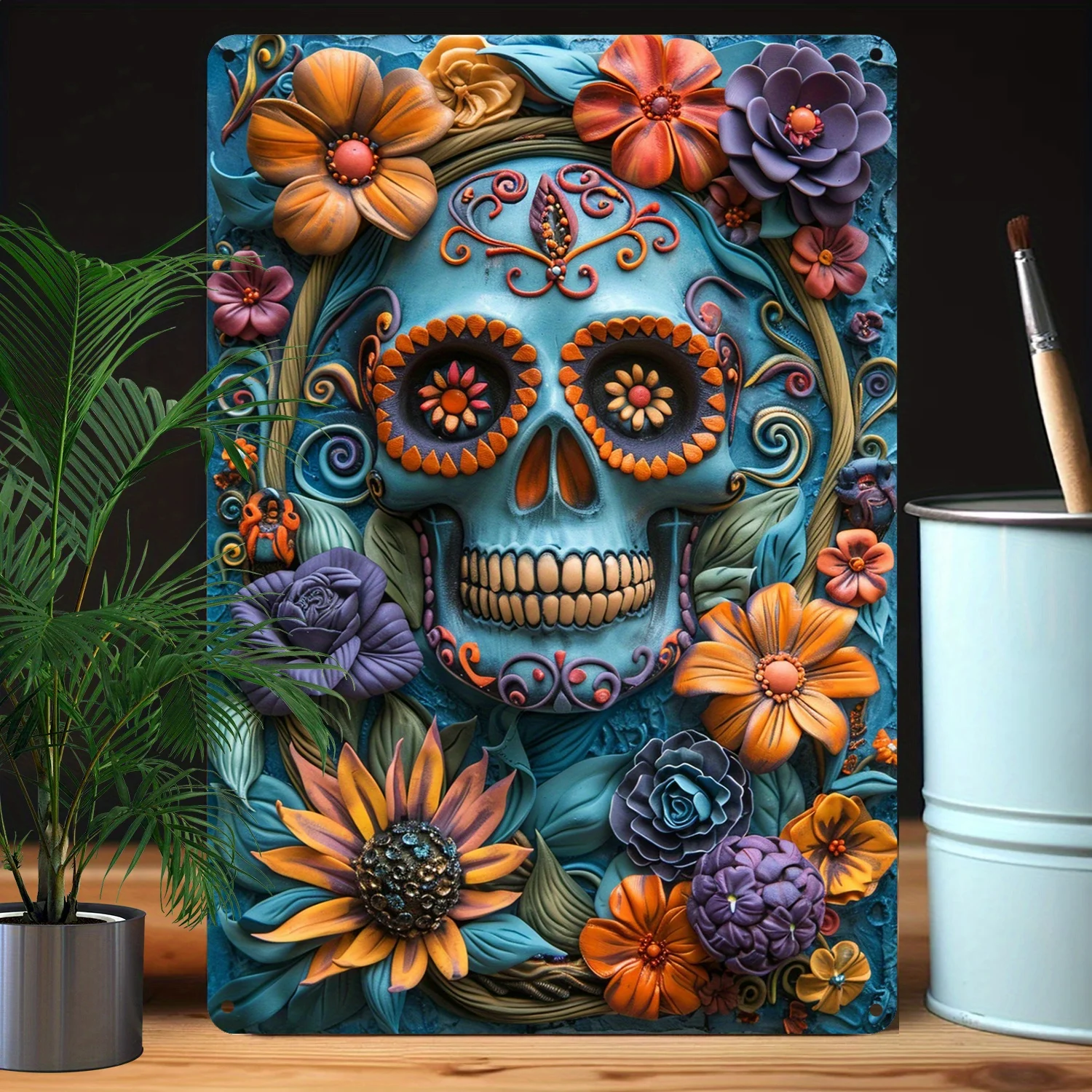

Day of the Dead Sign Set - Durable Metal Wall Art with 3D Flowers & Skull, Moisture Resistant Decor for Home, Office & Classroom