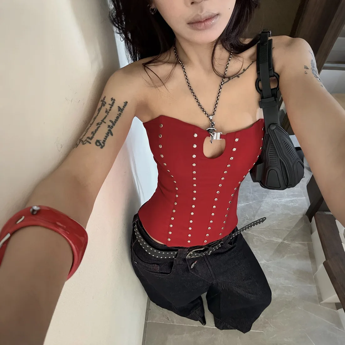 

DSMTRC Women Classic Trend Hollow Sleeveless Stretch Skinny Coquette Midnight Party Club Red Vest Sexy Christmas Rivet Tank Tops