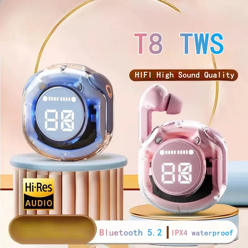 T8หูฟัง ENC แบบชุดหูฟังบลูทูธไร้สายใสแสดงกำลังไฟแบบดิจิตอล LED หูฟังเสียงสเตอริโอสำหรับงานกีฬา