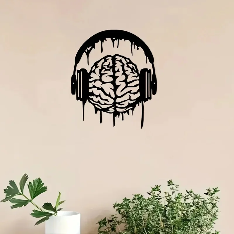 Brain Headphones Iron Metal Wall Art, Music Theme Wall Decor for Living Room Bedroom, Creative Home Gift 1pc