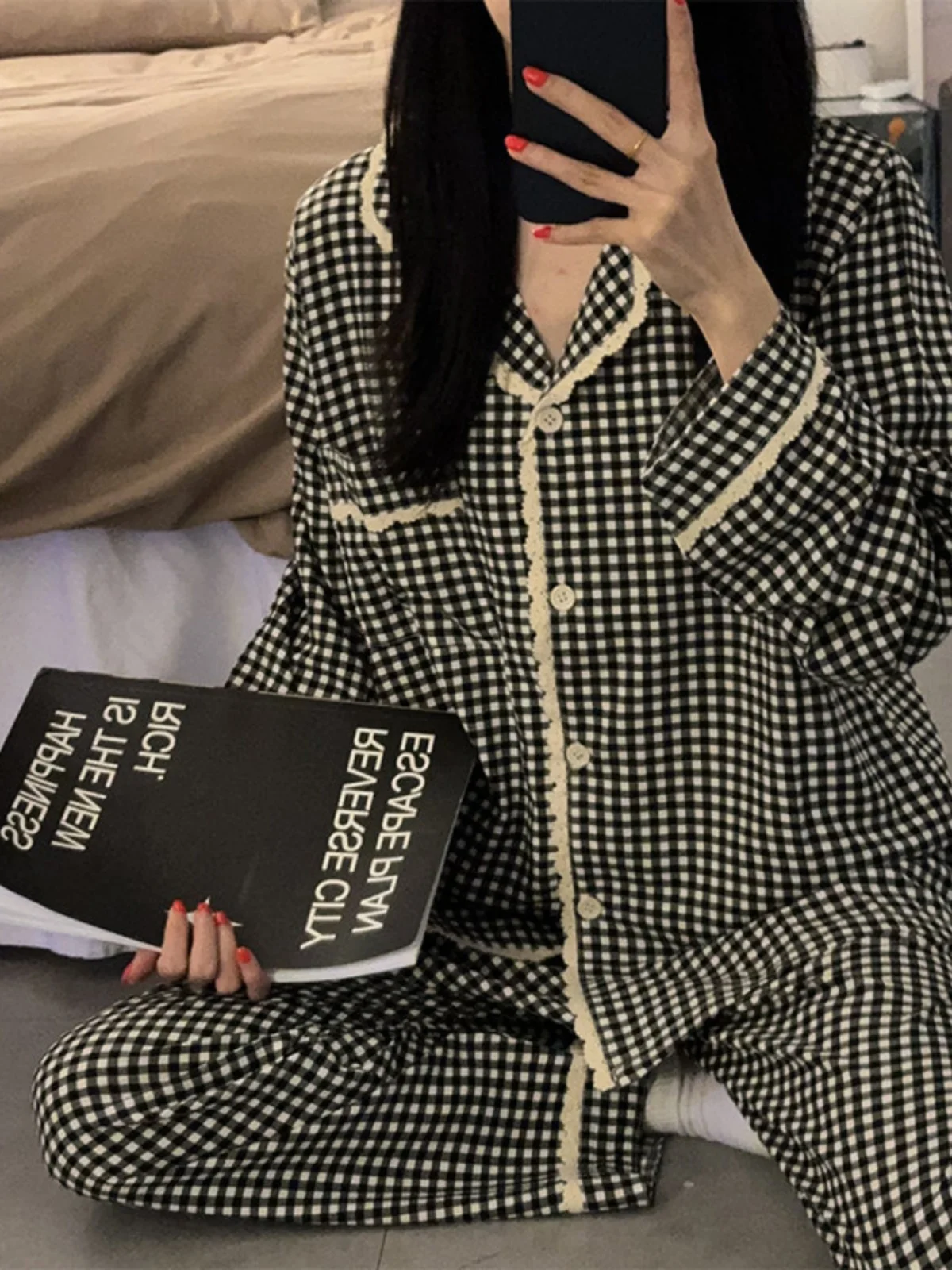 Plaid Sleepwear Women's Autumn Style Long Sleeve Long Pants Home Clothes Set Sweet Sensation Outerwear Suitable for Autumn Wi...
