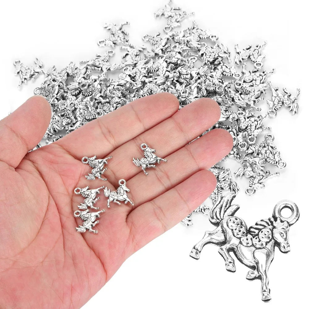 100pcs Jewelry Accessories Silver Horse Pendant Perforated Vintage Alloy Pendant DIY Jewelry Supplies Earring Making