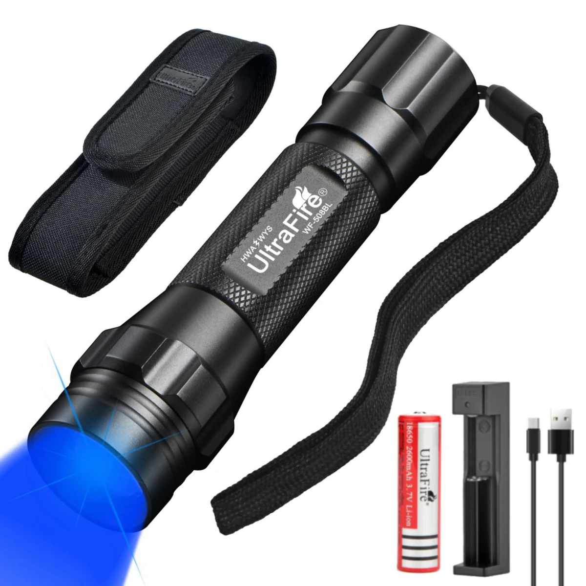 UltraFire WF-508BL Tactical Flashlight 450-460nm Zoomable Blue Light Waterproof LED Lantern for Camping Fishing Hunting Tracking