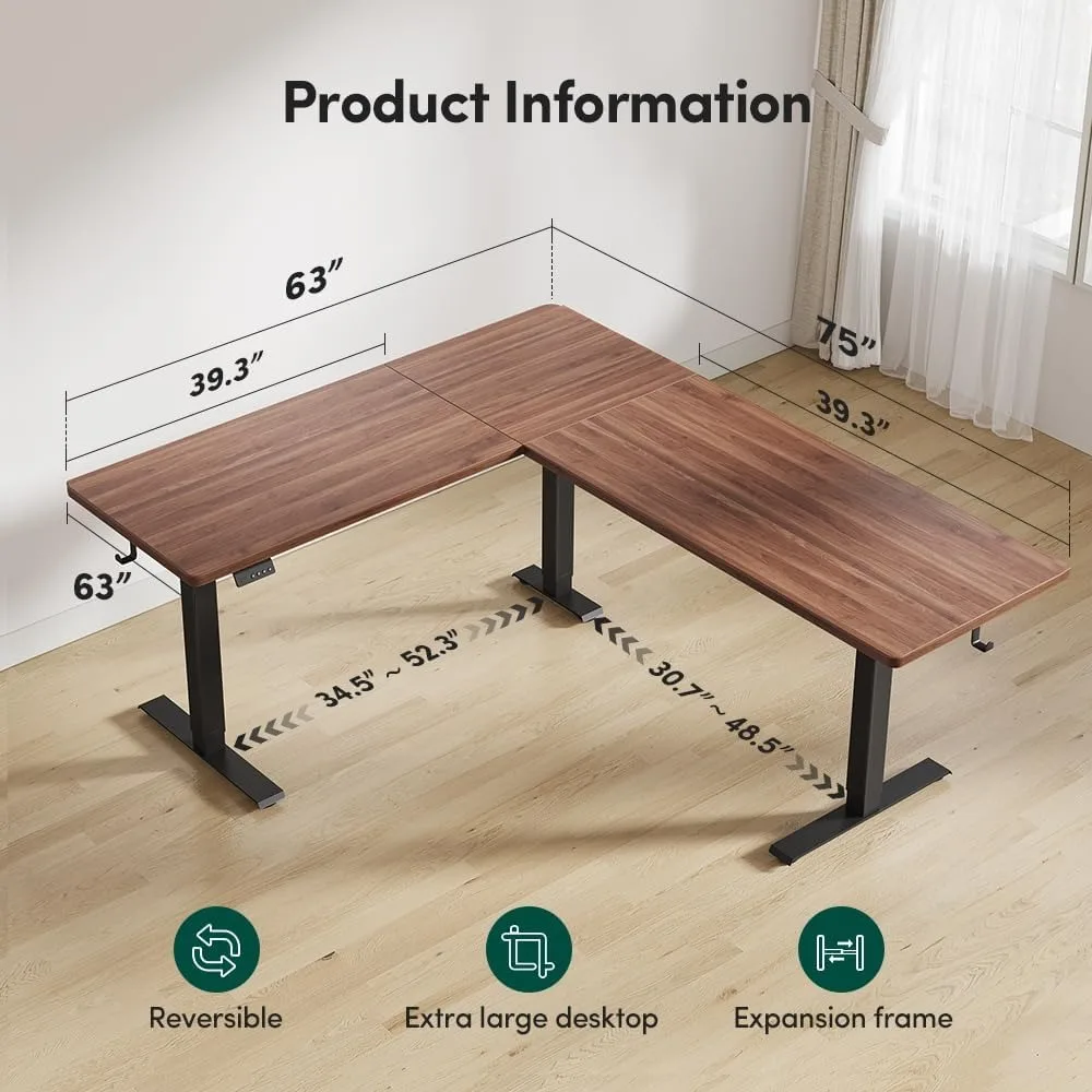 75x63 L Shaped Standing Desk, Electric Height Adjustable L Shaped Desk, Suitable for Home Office