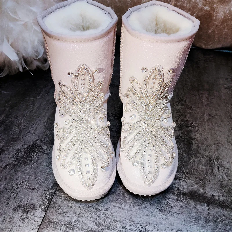 Full drill in winter pearlescent white snow boots thickened warm non-slip hand custom large size women's cotton boots 35-44