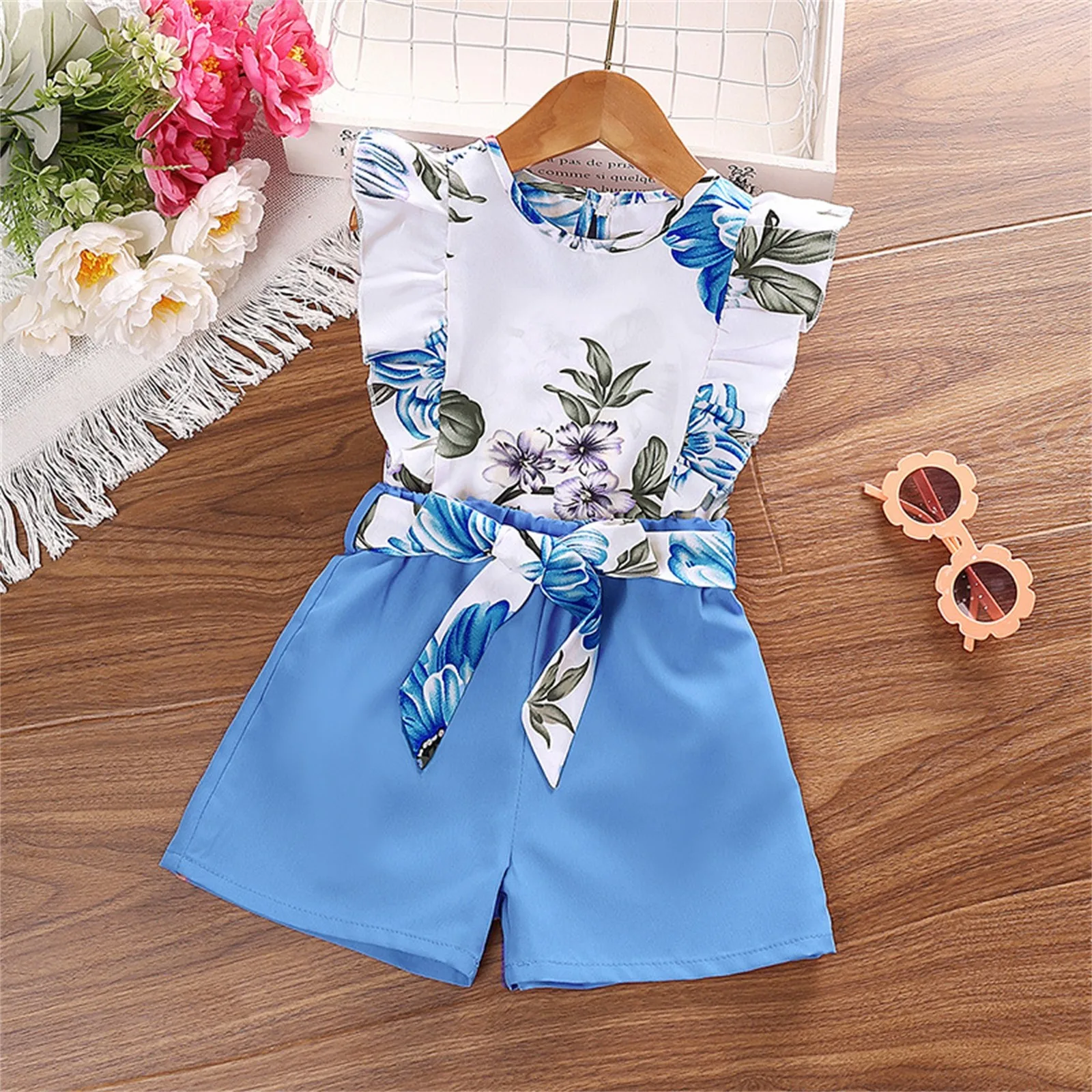 2pcs/Sets Casual Kid Clothing Set Summer Girls Flowers Sleeveless Halter Tank Top+Short Pants Girl Shorts Sets Children\'s Sets