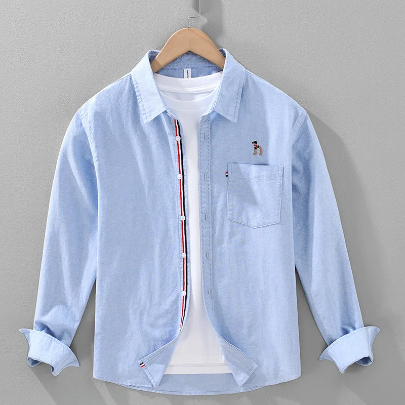 

2025 Spring/Autumn Fashion Oxford Embroidered Long-Sleeve Shirt Men's Comfort Square Collar Casual Webbing Unique Cotton Blouse