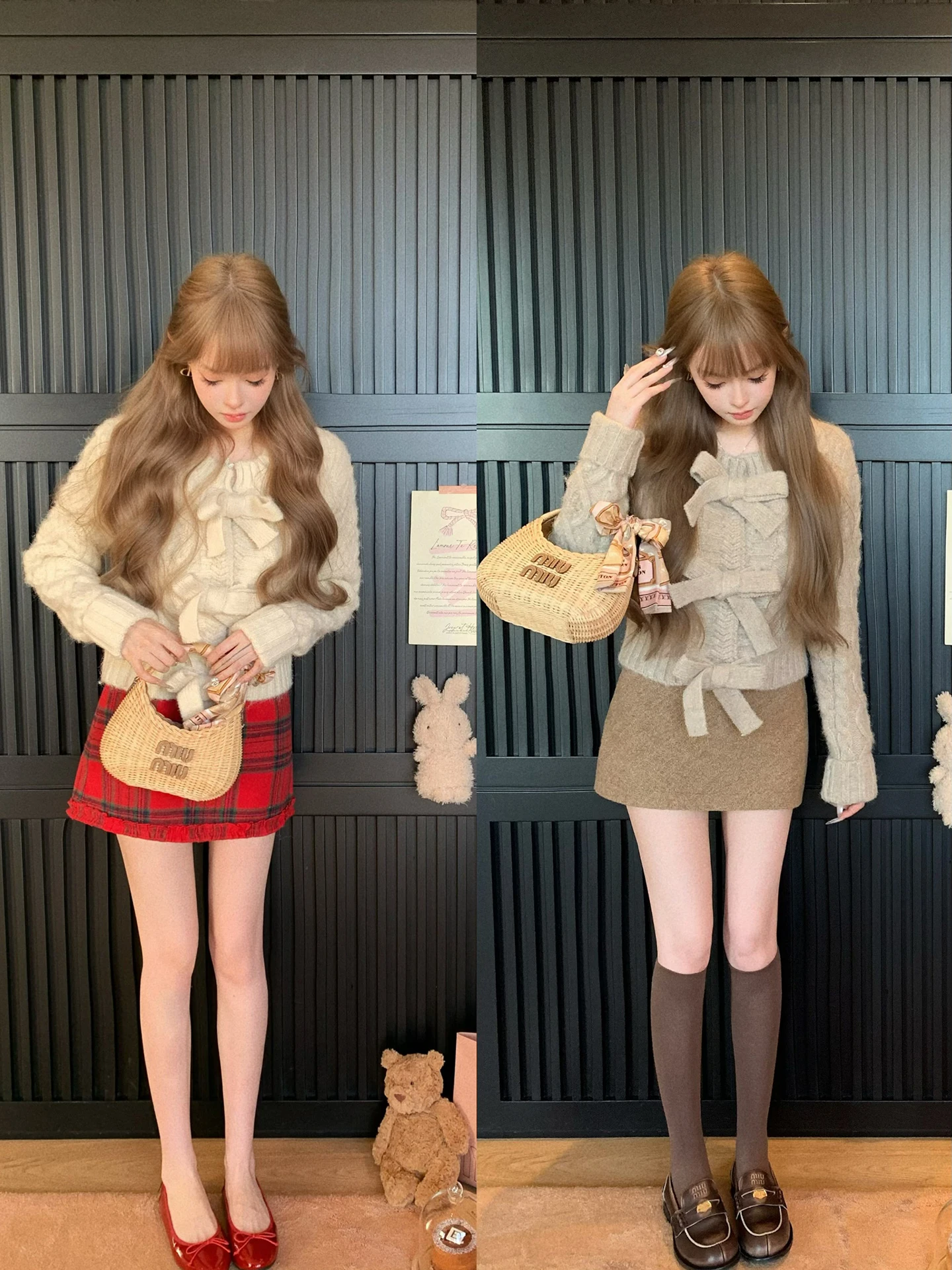 

Nanako Miss Gingham Plaid Skirt Girls Simple High Waist A-Line Skirt Daily Wear Knitted Wool Blend Loose Fit