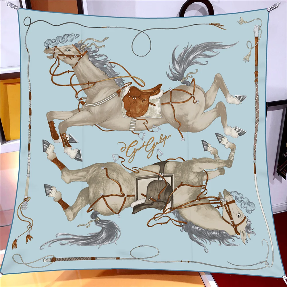 

90CM Twill Silk Scarf Luxury Branded Horse Printed Square Scarves Women Hijabs Bandana Foulard Neckerchief Head Scarves