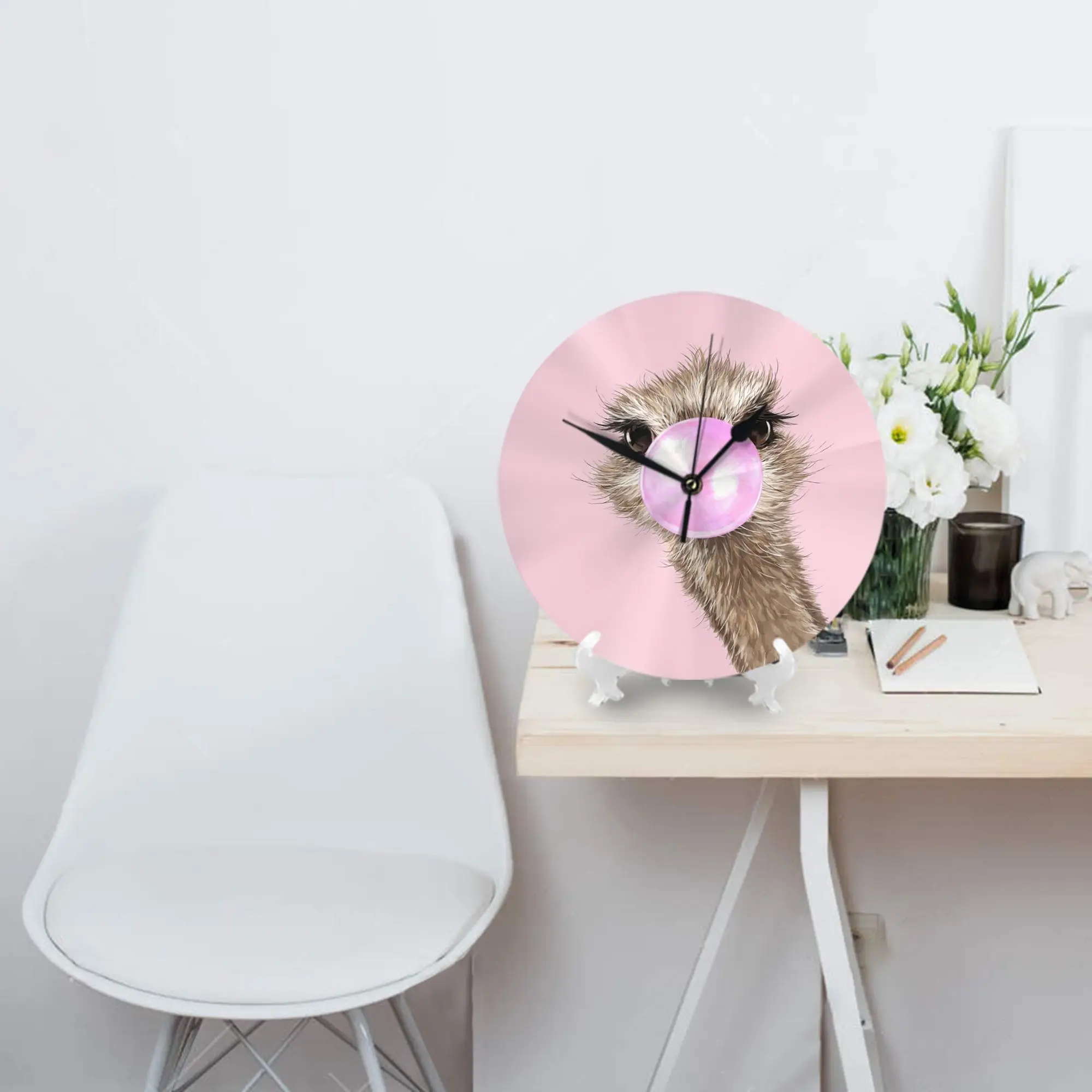 Sneaky Ostrich with Bubble Gum in Pink Wall Clock Room Decoration Silent Round Clock for Bedroom Living Kitchen Home