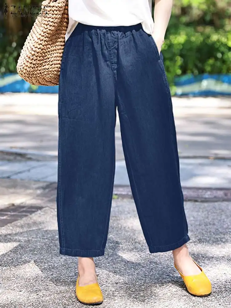 Zanzea-Calças largas de cintura elástica para mulheres, palazzo de harém pantalon vintage, calças grandes no estilo denim, sólidas, moda outono