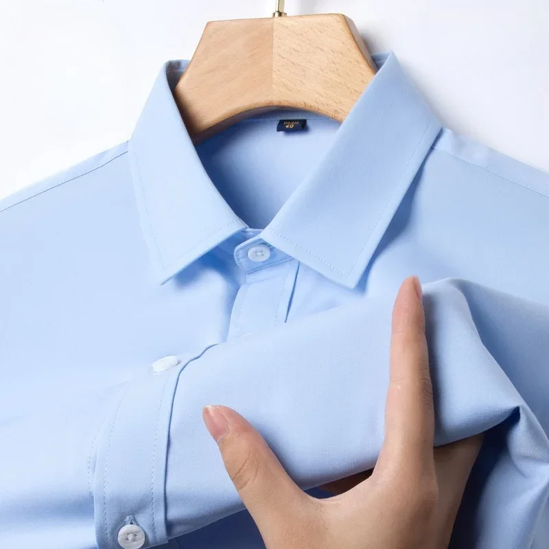 New Anti-Wrinkle Men's Shirts Long Sleeve Dress Shirts For Men Slim Fit Social Business Blouse White Blue Office Shirt S-4XL