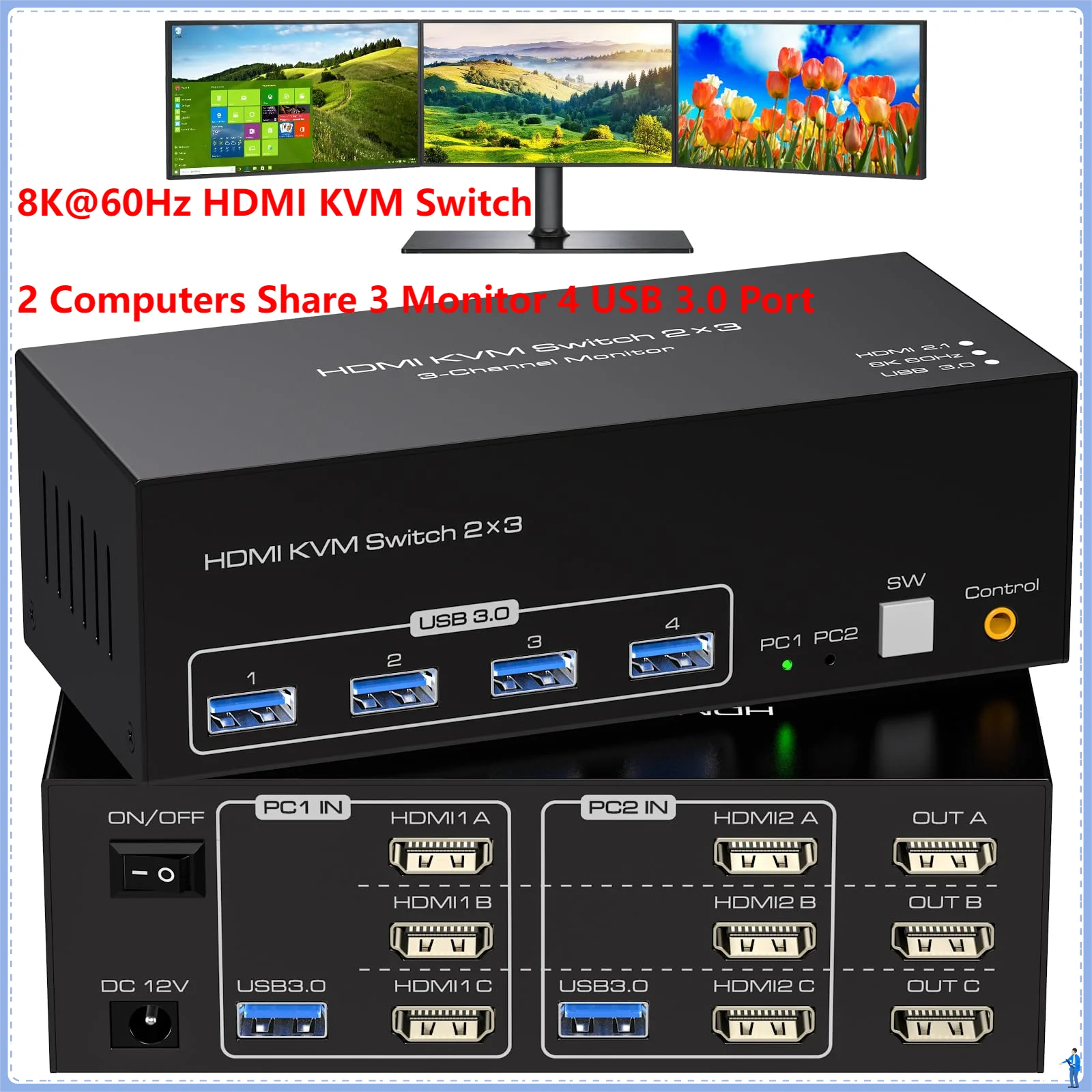 8K @ 60Hz HDMI KVM Switch 3 Monitor 2 komputer USB 3.0 KVM Switch Triple Monitor Share 1 Set Keyboard Mouse Printer Scanner