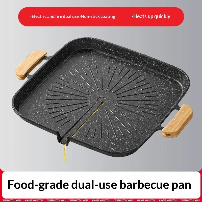Household Barbecue Pan, Non-Stick Korean Grill Pan for Cassette Stove, Double-Handle Outdoor Grilling Pan