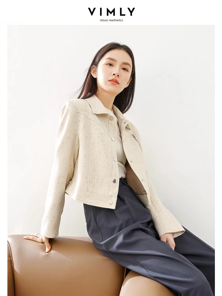 Vimly Light Yellow Fashion Cropped Tweed Jacket 2024 Spring Lapel Straight Single Breasted Long Sleeve Coat for Women M5150