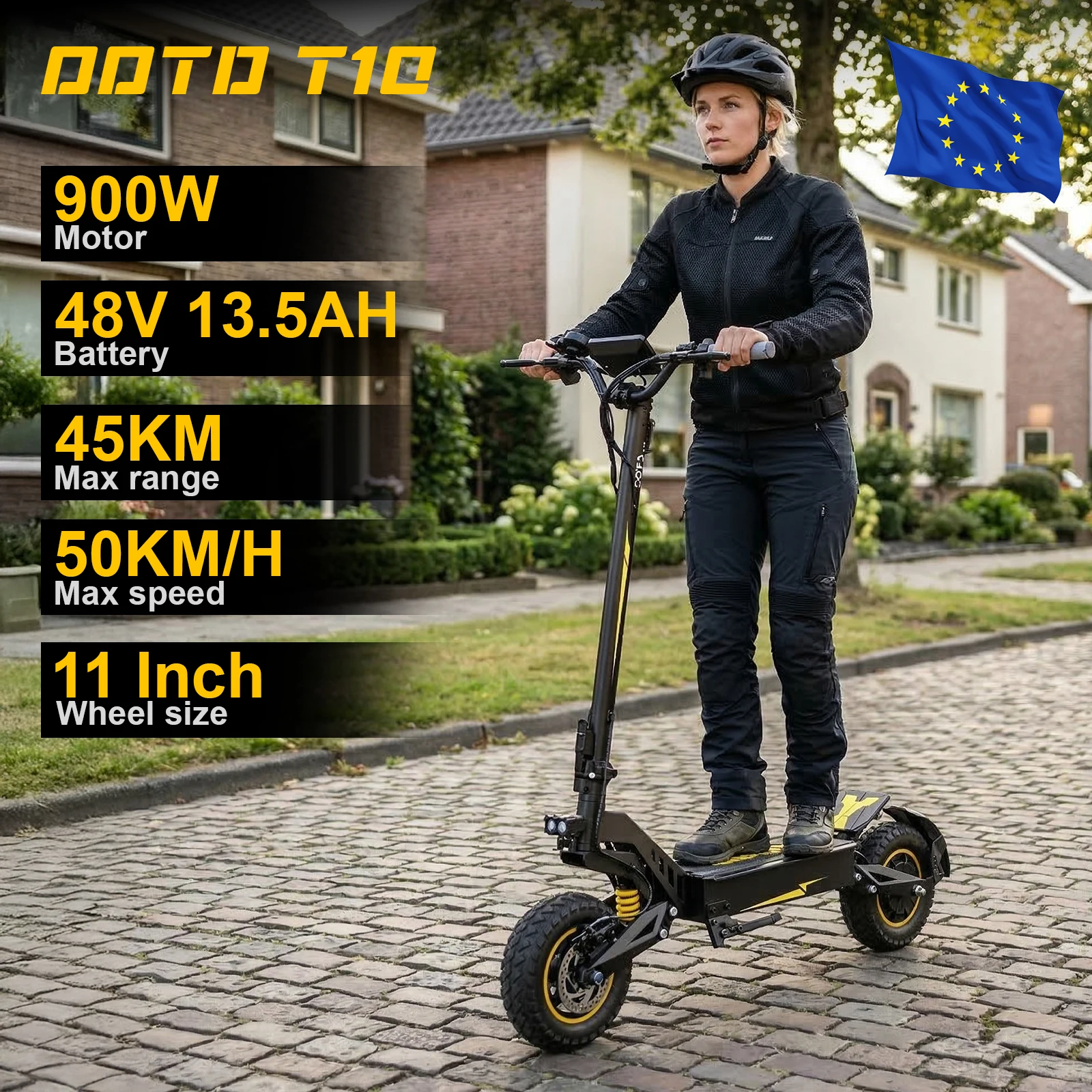 Trottinette électrique OOTD T10, moteur 500W, batterie 48V 13.5Ah, pneus de 11 pouces, vitesse maximale de 25 km/h, autonomie de 45 km, freins à disque avant et arrière, amortisseurs à ressorts avant et arrière