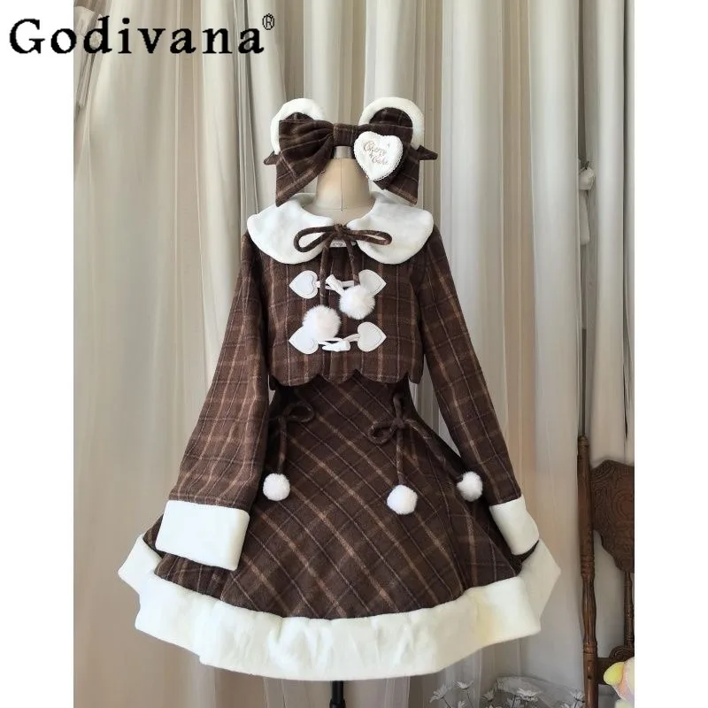 الإناث النمط الياباني لوليتا تنورة الدعاوى Bowknot شال كيب معطف الصوف منقوشة فستان بحزام مجموعة النساء الشتاء JK الزي الرسمي