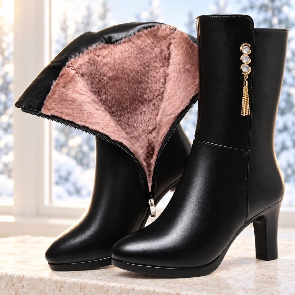 2026 Anti-Slip Womens Shoes Fleece Lined Warm Winter Women Boots Pointed Toe Stiletto Heel Side Zipper Ankle Booties for Autumn