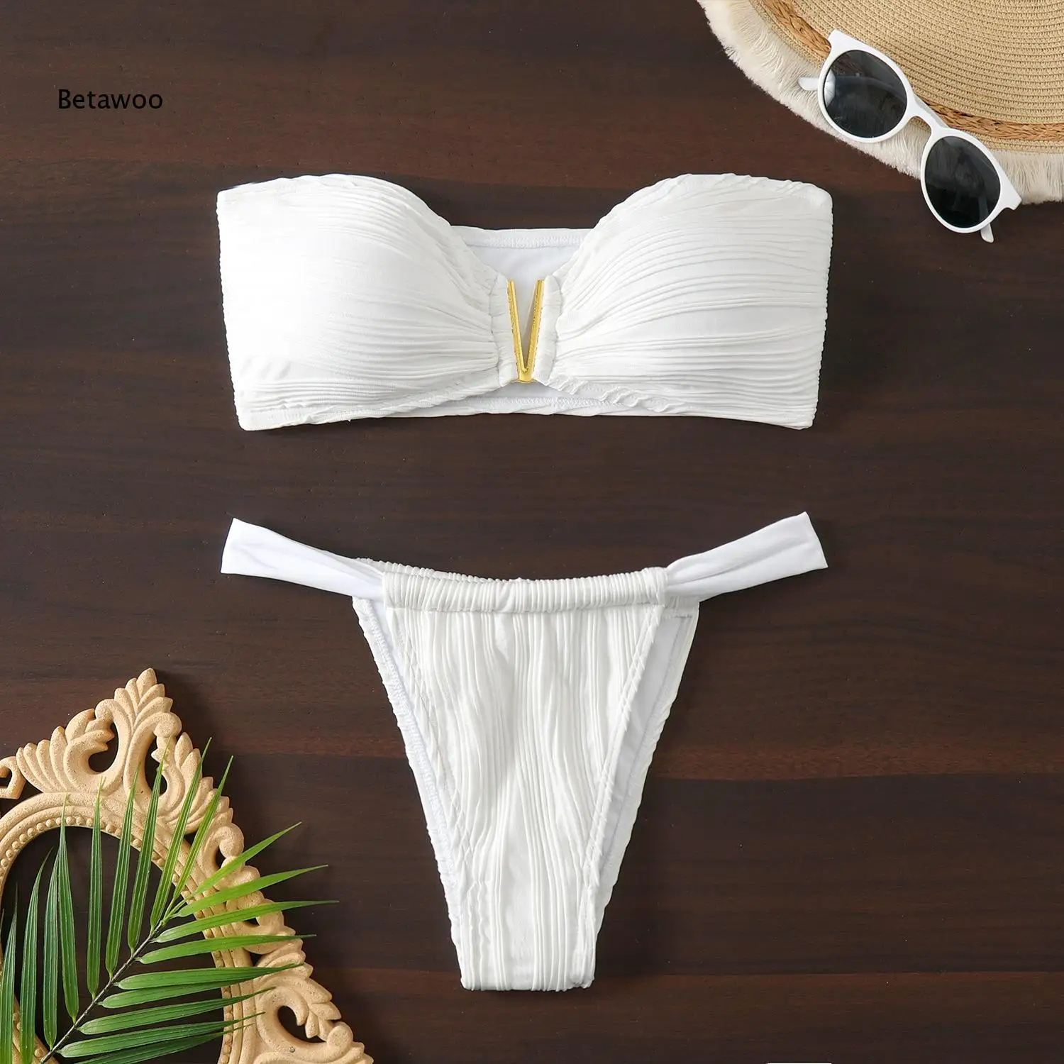 

Solid White Ruched Bandeau Gold Hardware Embellished Bikini Set