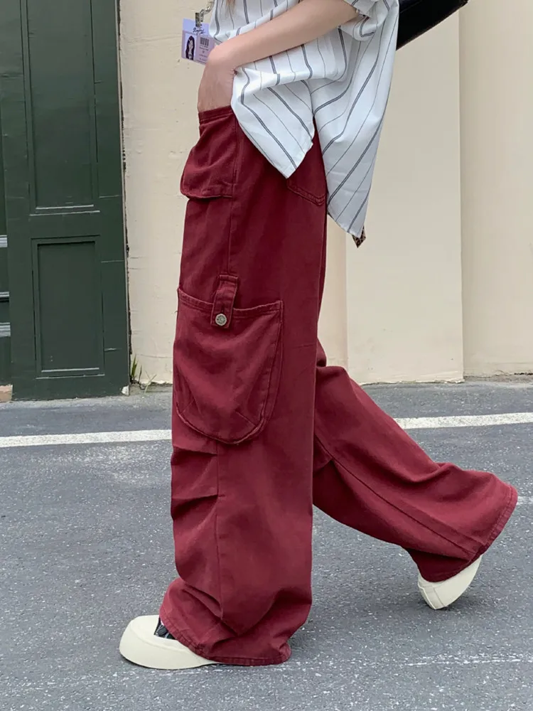 2024 Ropa Y2K Streetwear Wine Red Multi Pockets Baggy Jeans pants For Women Clothes Wide Leg Luxury Casual Lady Cotton Trousers