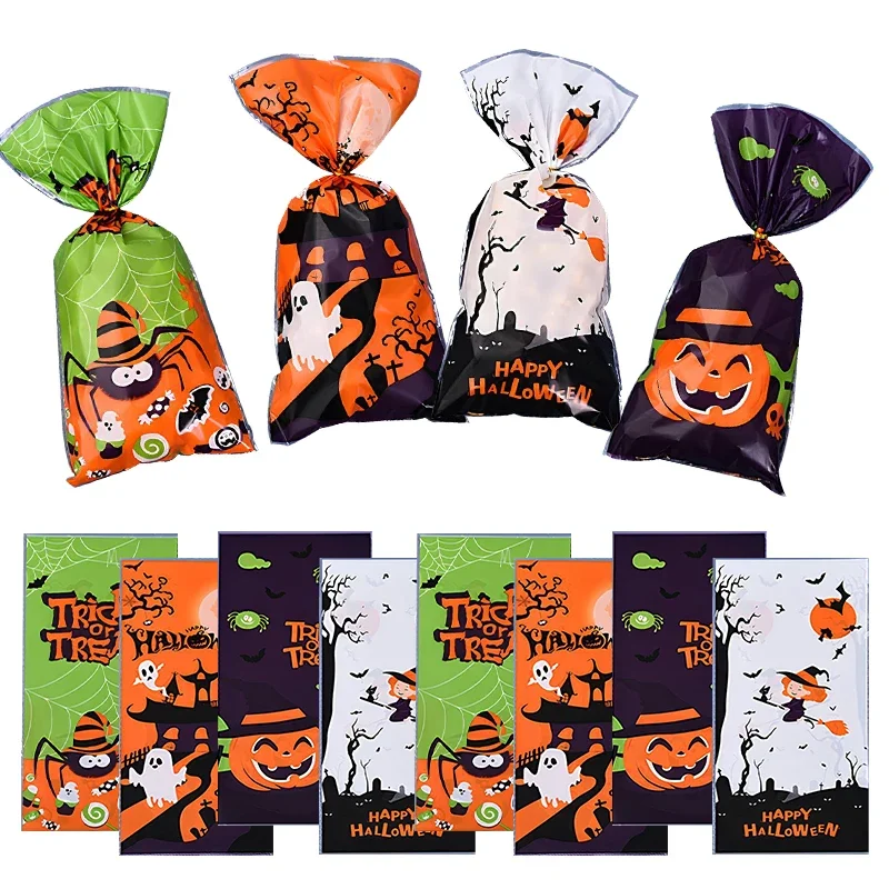 100Pcs Halloween Treat Bags With Twist Tie Pumpkin Ghost Spider Print Kids Party Goodie Pouch Snack Storage Gift Supplies