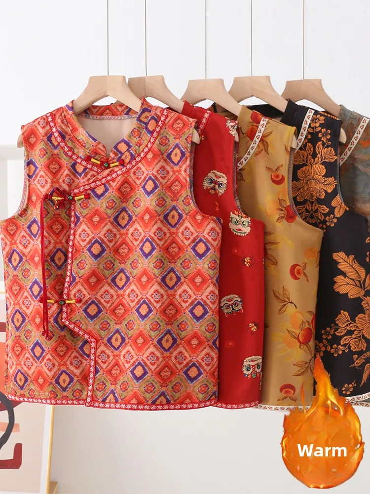 

Winter Warm Slant Bule Vest Large Size Loose Home Wear Women's Outerwear Mommy's Sle round Ne Casual Faion