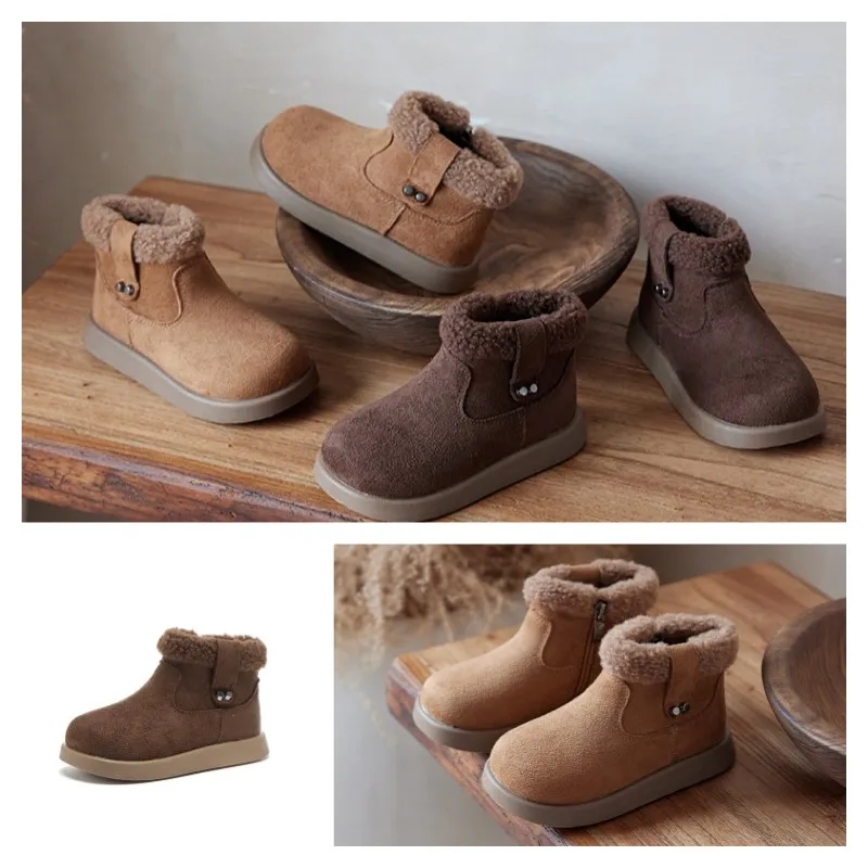

Детские полусапожки для детей 1–18 лет, утепленная хлопковая обувь с желтой подкладкой для мальчиков и девочек, темно-коричневые мягкие нескользящие детские зимние сапоги