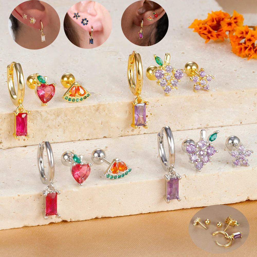 Square Hoop Earring Set for Women Exquisite Small Stainless Steel Zircon Flower Fruit Cartilage Piercing Earring Fashion Jewelry