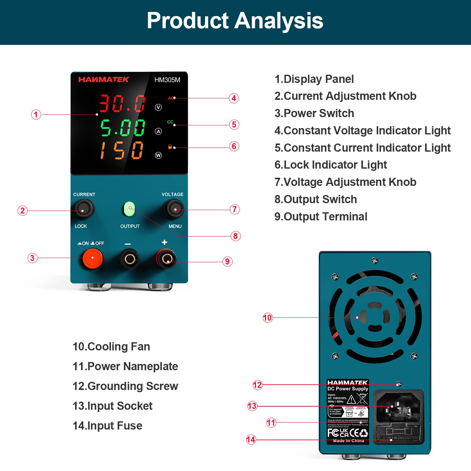 HANMATEK DC Power Supply Programmable 30V 5A Dual Band Storage Parameter Multifunction Display Bench Supply With ON/OFF Button