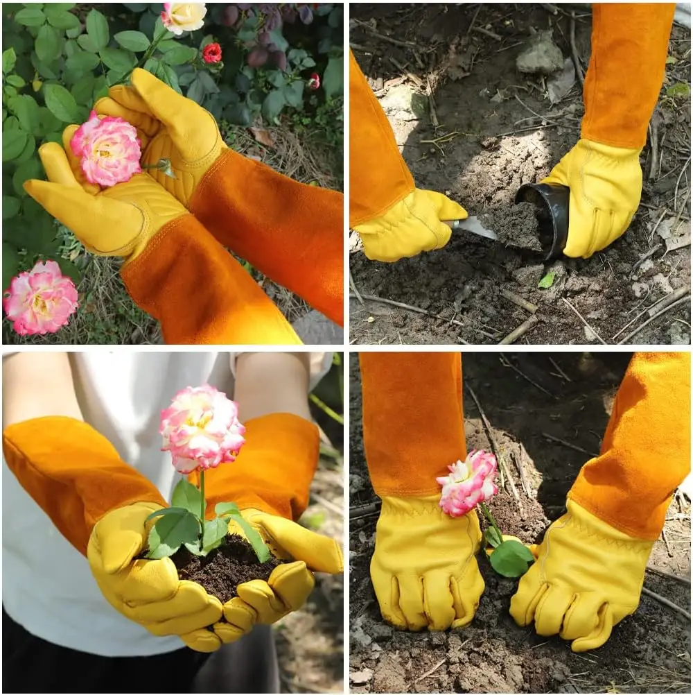 Imagem -05 - Luvas de Jardinagem para Mulheres e Homens Poda de Rosa Espinho Anti-corte Longo Antebraço Protetor Anti-grosso Couro de Vaca Trabalho Jardim