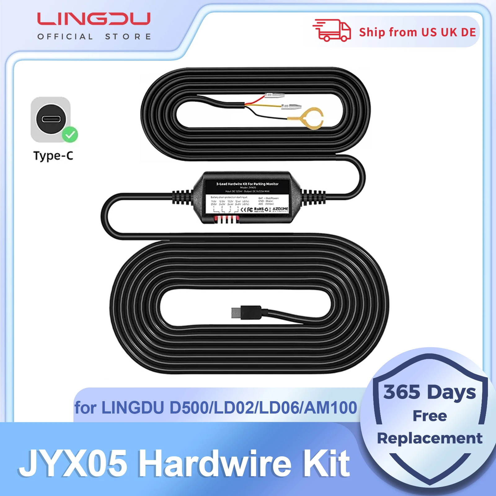 JYX05 Hardwire Kit With Type-C Port For LingDu D100/D500/LD06/LD05/LD02/LD08/AM100 Low Vol Protection 12V-24V in 5V2.5A Out