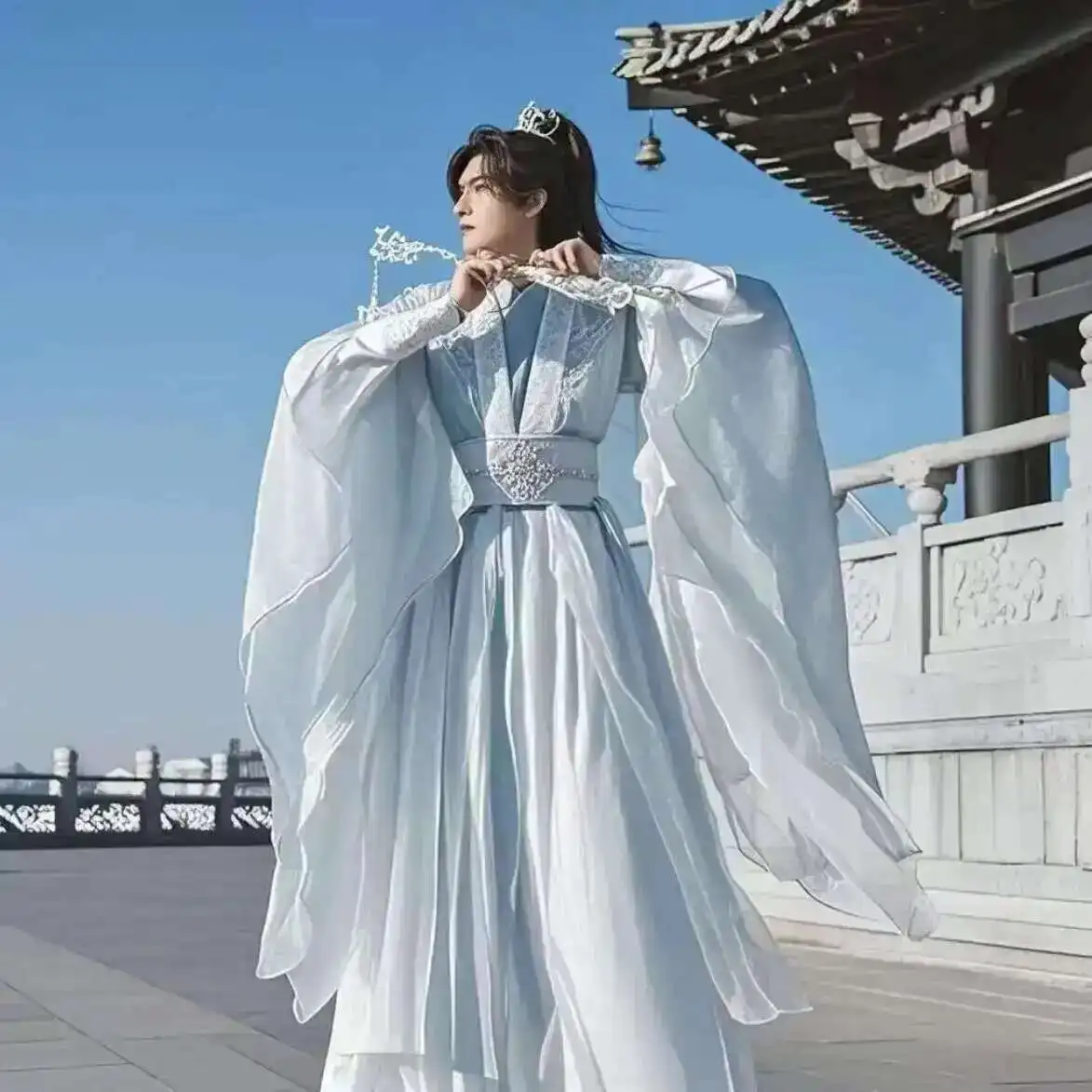 حجم كبير 3XL Hanfu الرجال الصينية المطرزة الأبيض تأثيري حلي القديمة Hanfu مجموعة زي هالوين تنكري الضوء الأزرق Hanfu