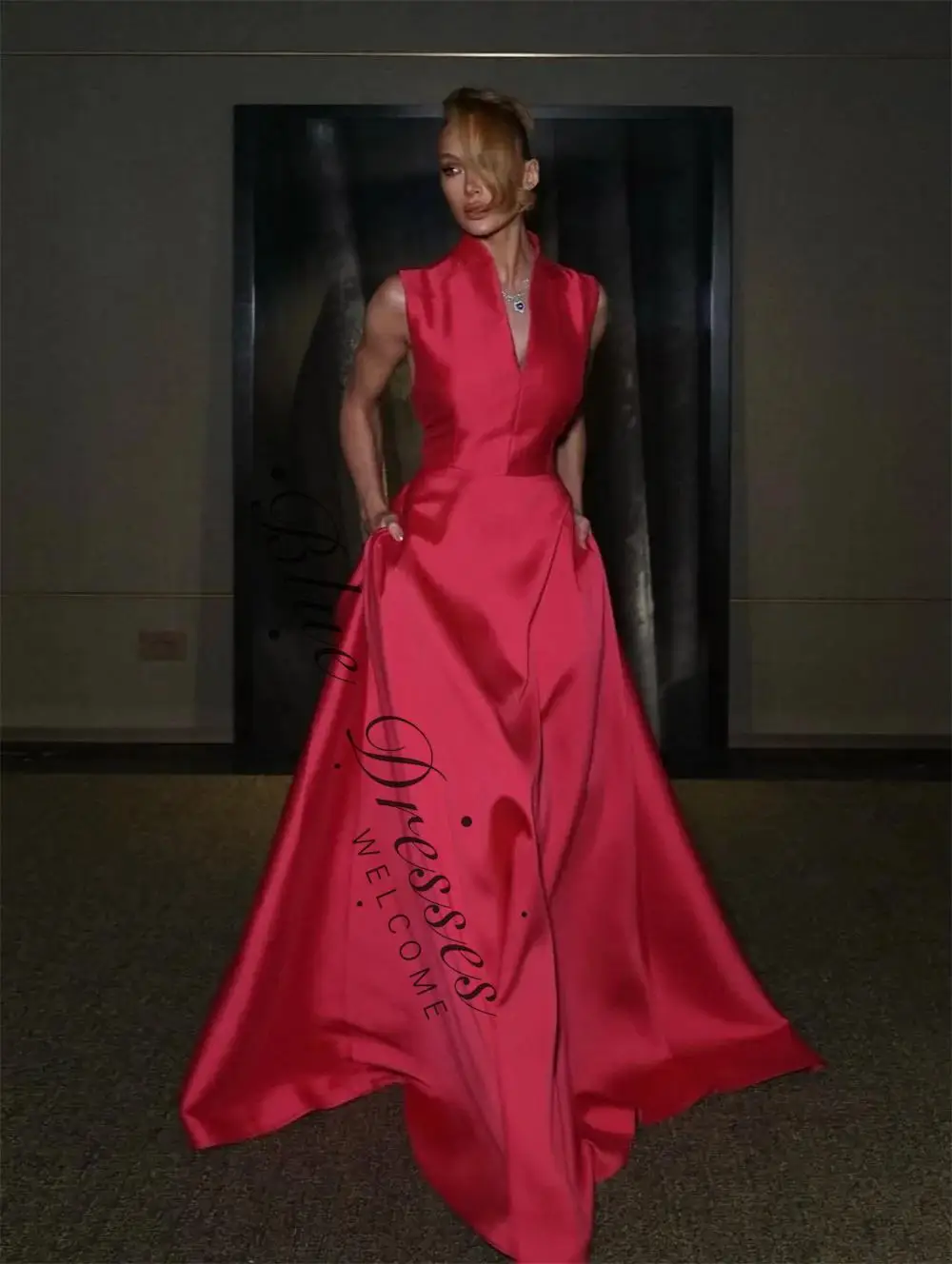 

customized V Neck Sleeveless A Line Evening Dress Floor Length Simple Prom Gown Sweep Train Formal Customized Prom Gown