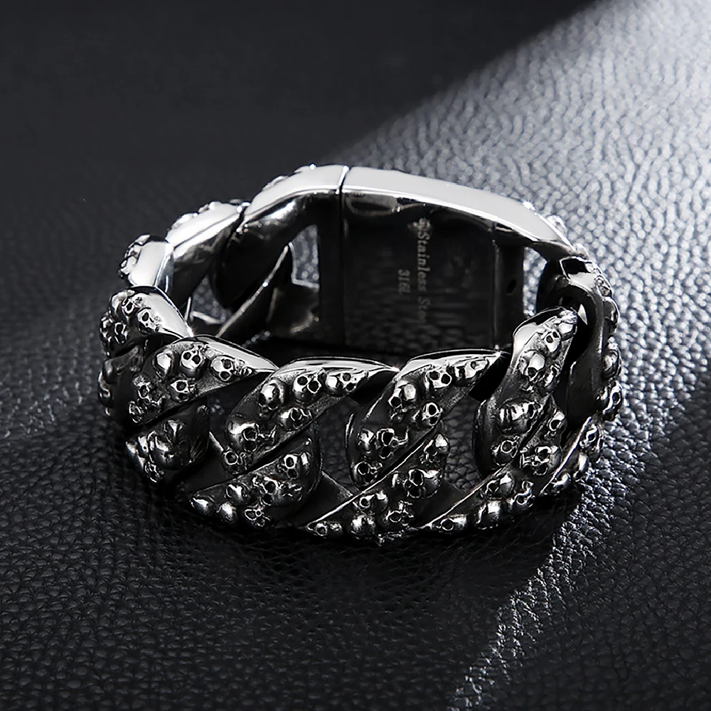 

Gothic Punk 316L Stainless Steel Skull Bracelets For Men Hip Hop Domineering Cuban Link Chain Bracelet Heavy Biker Jewelry Gifts
