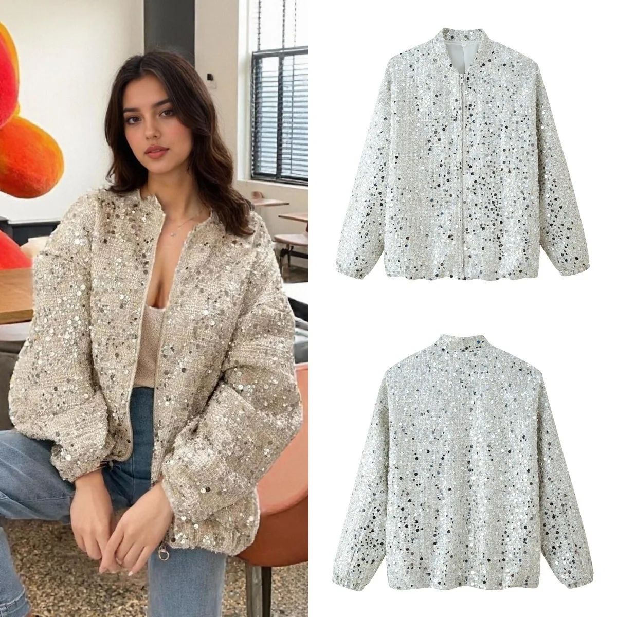 

Elegant Sequined Women Jacket Long Sleeve Zippers Pocket COAT Pleated Casual Female Coat Street Autumn Lady New Outerwears