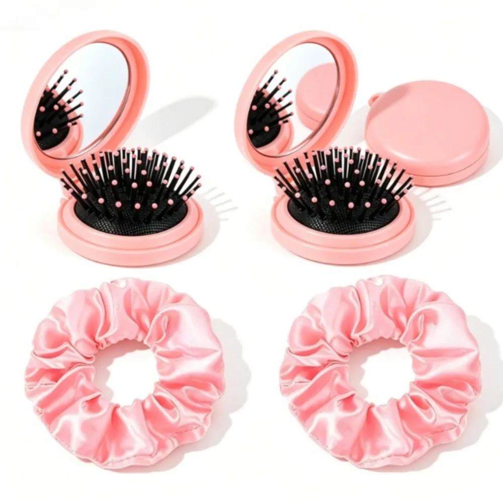 2 Sets Mini-Haarbürste mit Spiegel, Scrunchies, faltbarer Taschenkamm, Satin, für trockenes und nasses Haar, Rosa, Reisegeschenk für Frauen