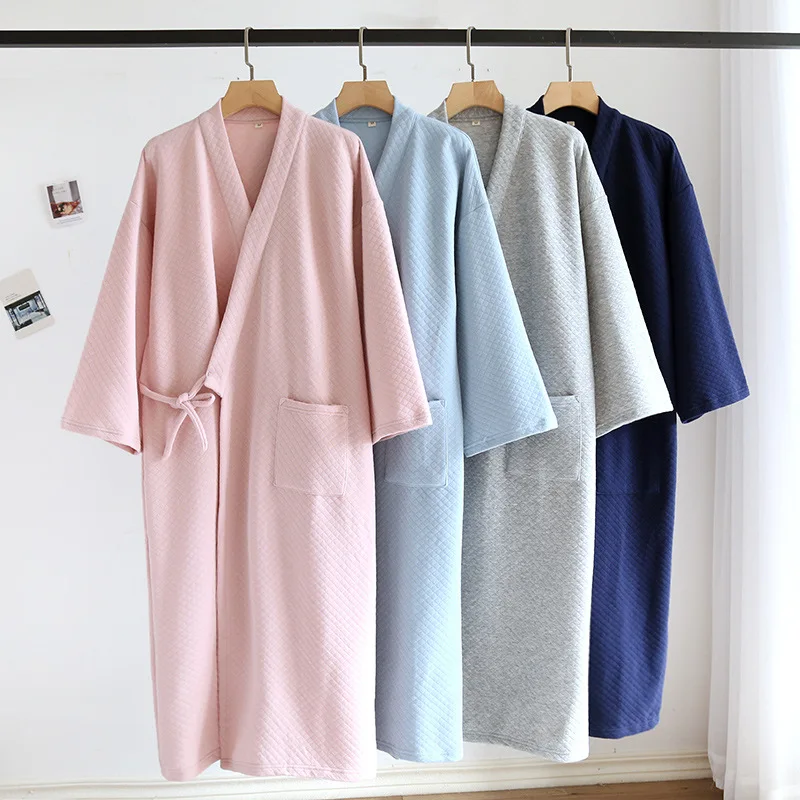 

100% Cotton Padded Kimono Nightgown Couple Over Knee Air Cotton Lace Up Padded Pajama Bathrobe Women's Sleepwear