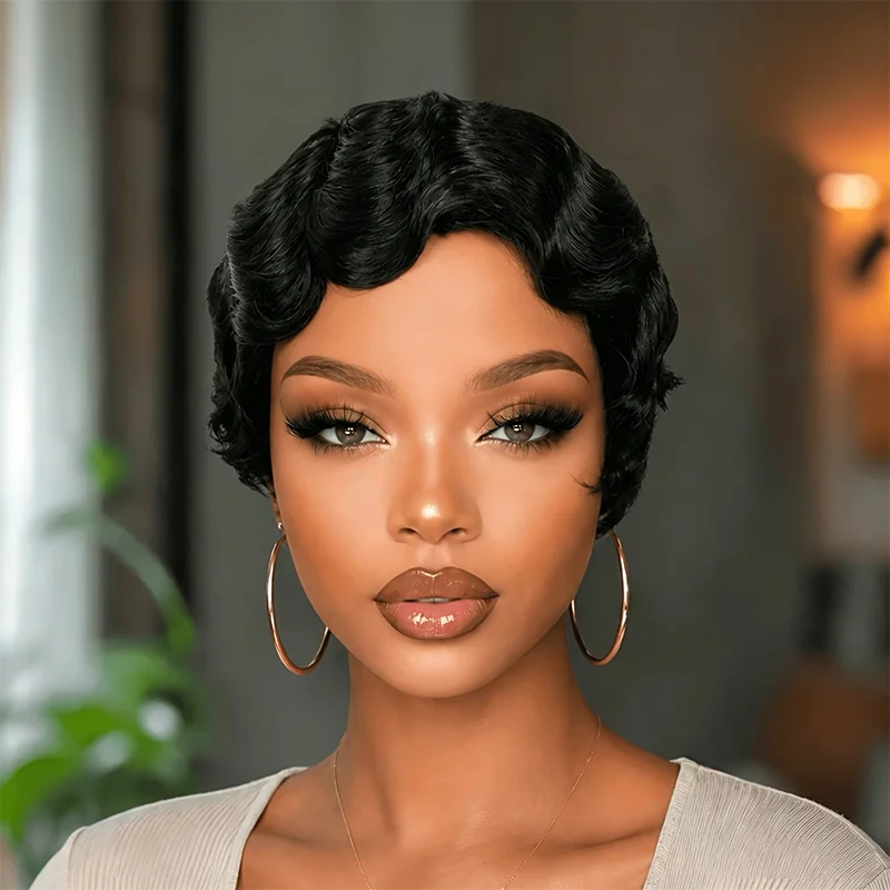 Brazilian Remy Human Hair Wig for Women 180% Density Looking Deep Wave Short Pixie Cut with Layered Bangs Hair Wig Machine Made