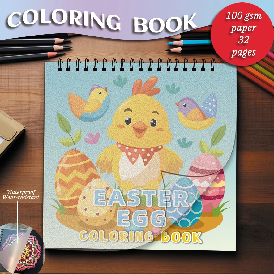 Coloring Book - 8.27 x 8.27 inches 32 pages Easter Eggs and Cute Chicks Coloring Book - Ideal gift for family or friends