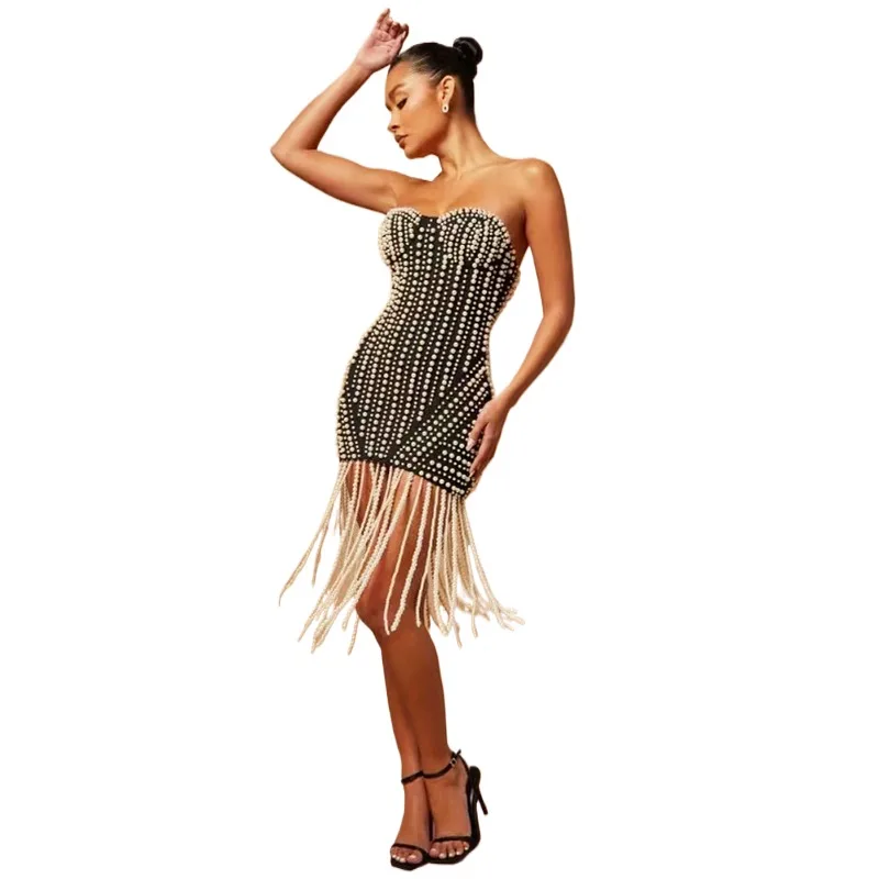 

2026 Black Luxury Pearl Tassel Bandage Dress Sexy Strapless Bodycon Mini Celebrity Evening Prom Party Dress